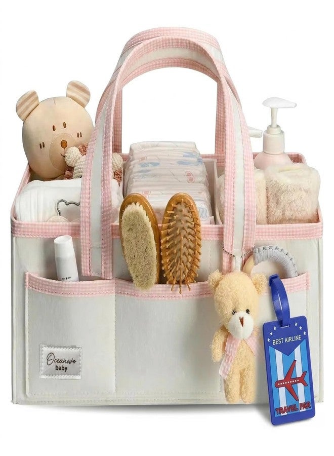 OCEANEVO Cute Felt Diaper Caddy Organiser Bag WITH Luggage Tag AND Bear Charm, Baby Basket for New Born Baby Essential Products with Compartments and Handle - 41 x 25 x 18 Cm - Pink - 1 Year Warranty - Image 1