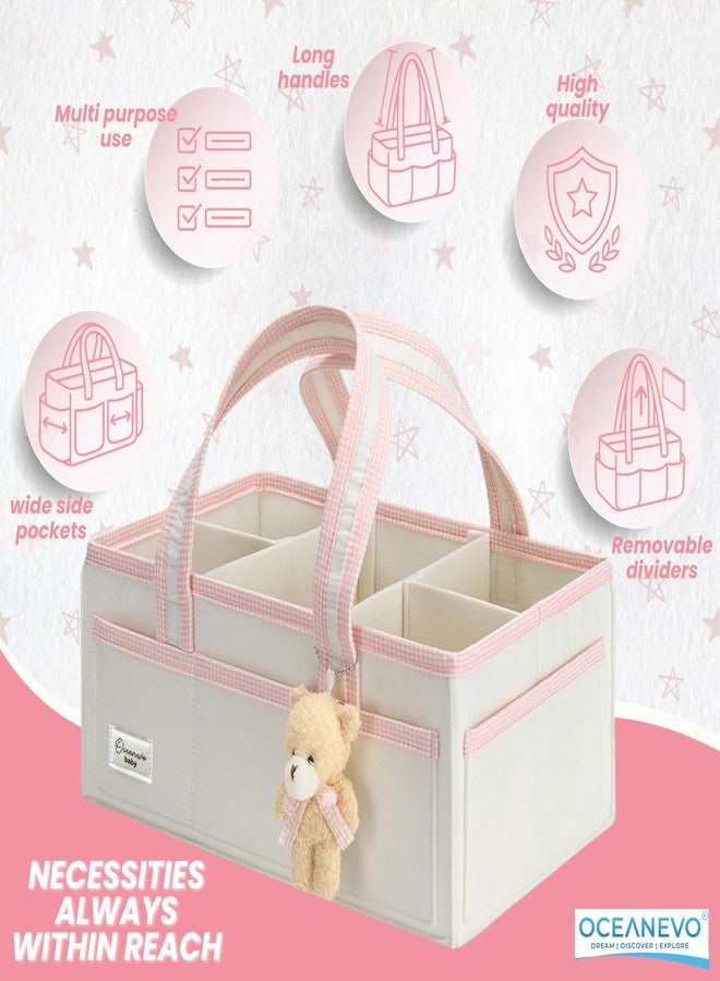 OCEANEVO Cute Felt Diaper Caddy Organiser Bag WITH Luggage Tag AND Bear Charm, Baby Basket for New Born Baby Essential Products with Compartments and Handle - 41 x 25 x 18 Cm - Pink - 1 Year Warranty - Image 4