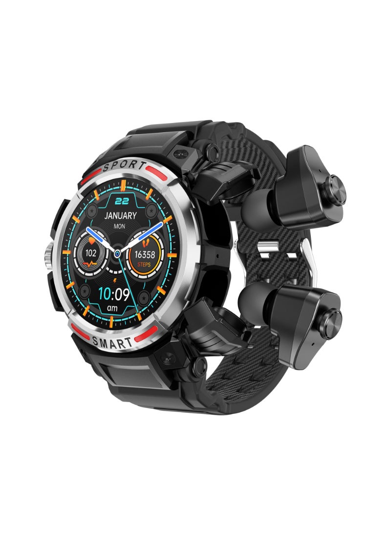 Generic - GT 100 Bluetooth Smart Watch With Earbuds 1.43 HD Screen For Men Rugged Bluetooth Call Answer Calls Fitness Tracker Ip67 Waterproof AI Voice Assistant Silver - Image 1