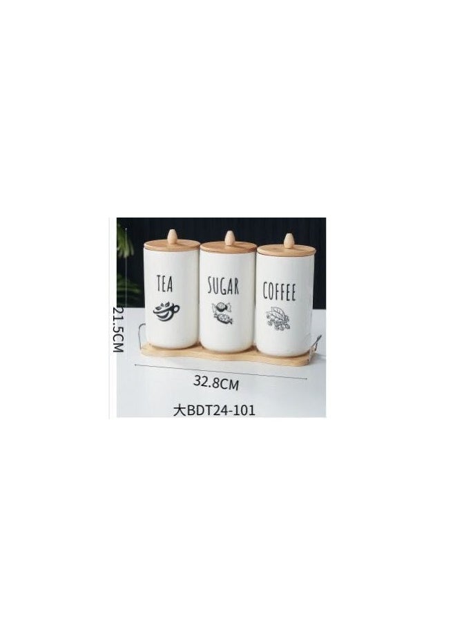 Generic - Porcelain Kitchen Table Canister Sets, 3 Piece Antique Porcelain Kitchen Container Set, Coffee Sugar Tea Canister Set, Food Storage Canister with Wood Lid, Rustic Kitchen Decor, Beige - Image 1