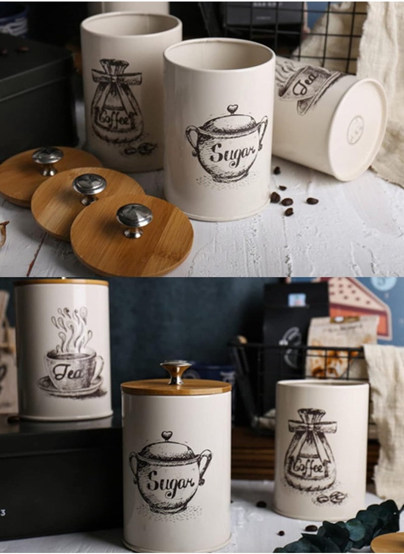 Generic - Porcelain Kitchen Table Canister Sets, 3 Piece Antique Porcelain Kitchen Container Set, Coffee Sugar Tea Canister Set, Food Storage Canister with Wood Lid, Rustic Kitchen Decor, Beige - Image 1