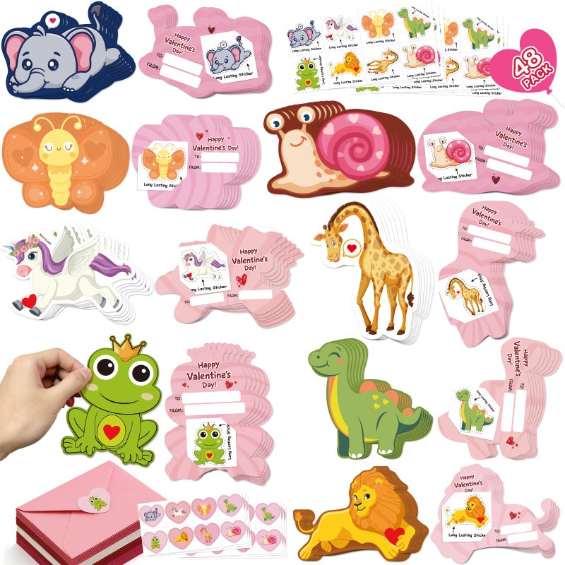 PARTYLOUD Valentines Cards for Kids Classroom, 48 PCS Animal Valentine Cards with Stickers, Valentines Exchange Bookmarks for Kids Valentine Classroom Gifts School Parties - Image 1