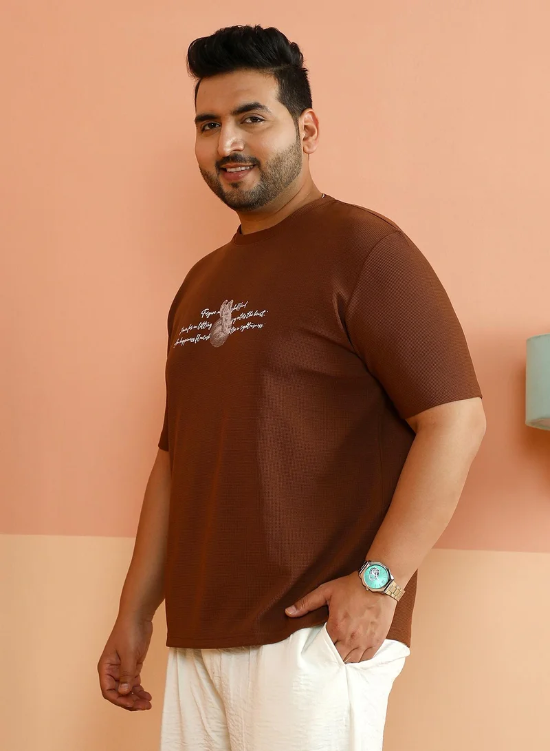 Instafab Plus Instafab Plus Men's Mocha Brown Boxy Mytho-Modernism T-Shirt For Casual Wear | Crew Neck | Short Regular Sleeves | Pull On Closure | Plus Size T-Shirt Crafted With Comfort Fit For Everyday Wear