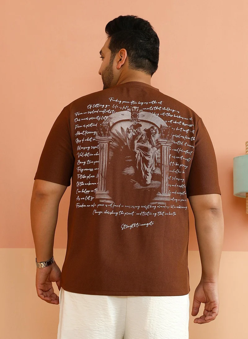 Instafab Plus Instafab Plus Men's Mocha Brown Boxy Mytho-Modernism T-Shirt For Casual Wear | Crew Neck | Short Regular Sleeves | Pull On Closure | Plus Size T-Shirt Crafted With Comfort Fit For Everyday Wear