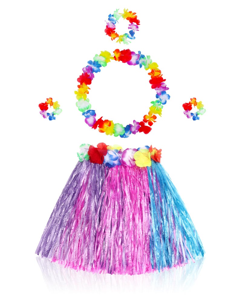 Fortunings JDS Girls Hawaiian Hula Grass Skirt Matching Elastic Flowers Kids Costume Set for Luau Tropical Beach Party - Image 2