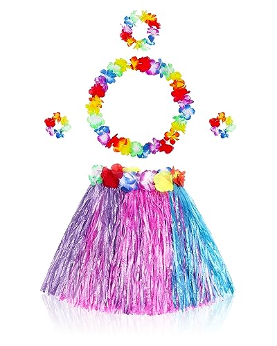Fortunings JDS Girls Hawaiian Hula Grass Skirt Matching Elastic Flowers Kids Costume Set for Luau Tropical Beach Party - Image 1