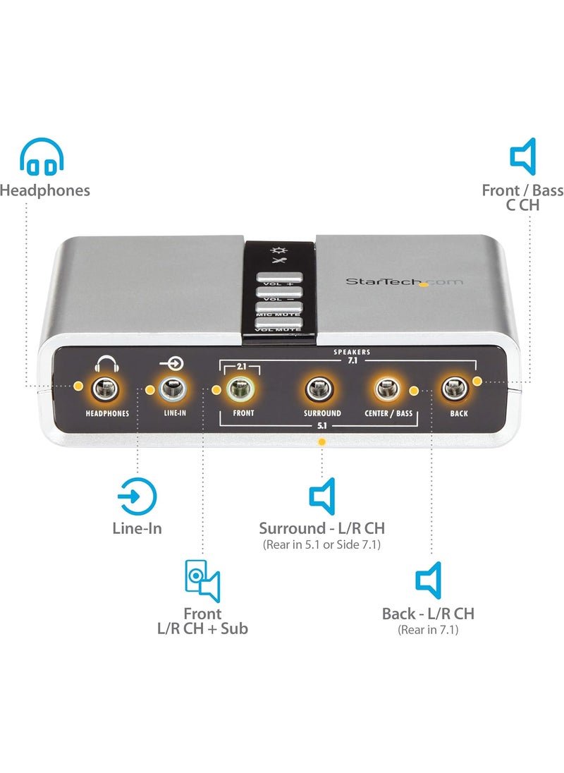 StarTech StarTechcom 71 USB Sound Card  External Sound Card for Laptop with SPDIF Digital Audio  Sound Card for PC  Silver ICUSBAUDIO7D  - Image 3