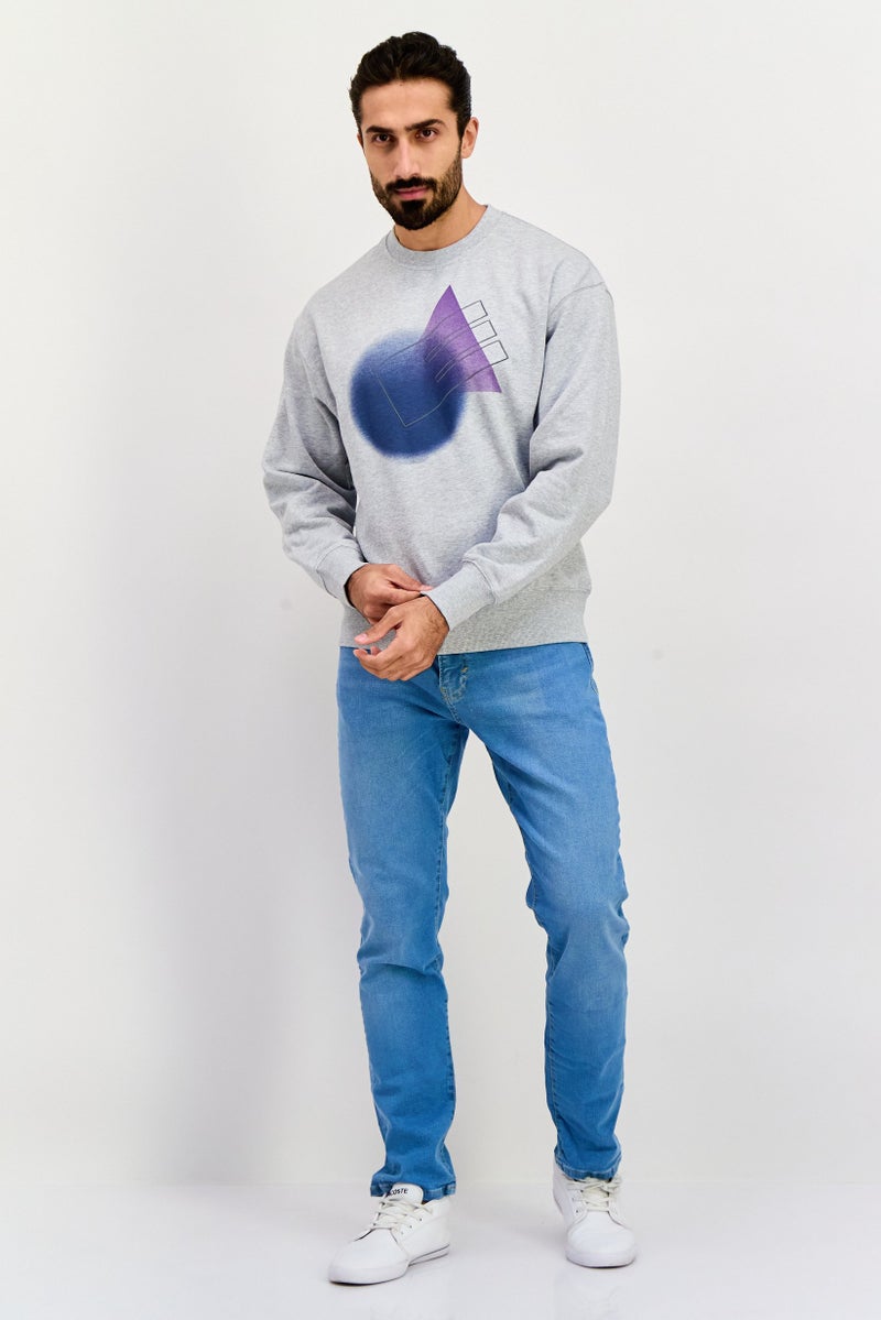 ESPRIT سويت شيرت رجالي بأكمام طويلة وياقة دائرية مزخرفة، رمادي - Image 2