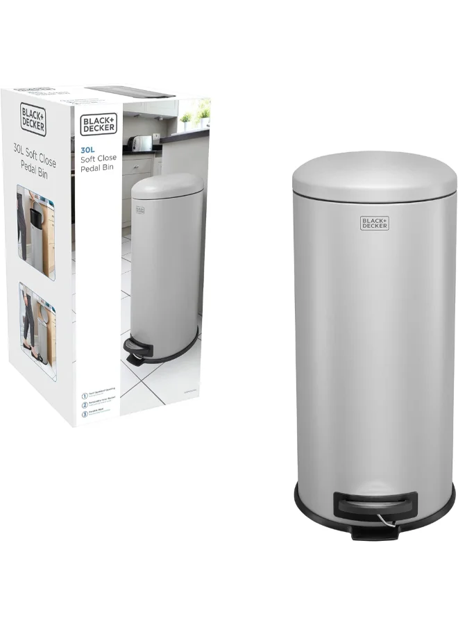 BLACK+DECKER Dome Lid Soft Close Recycle Pedal Bin Grey and Black 30 L 61125