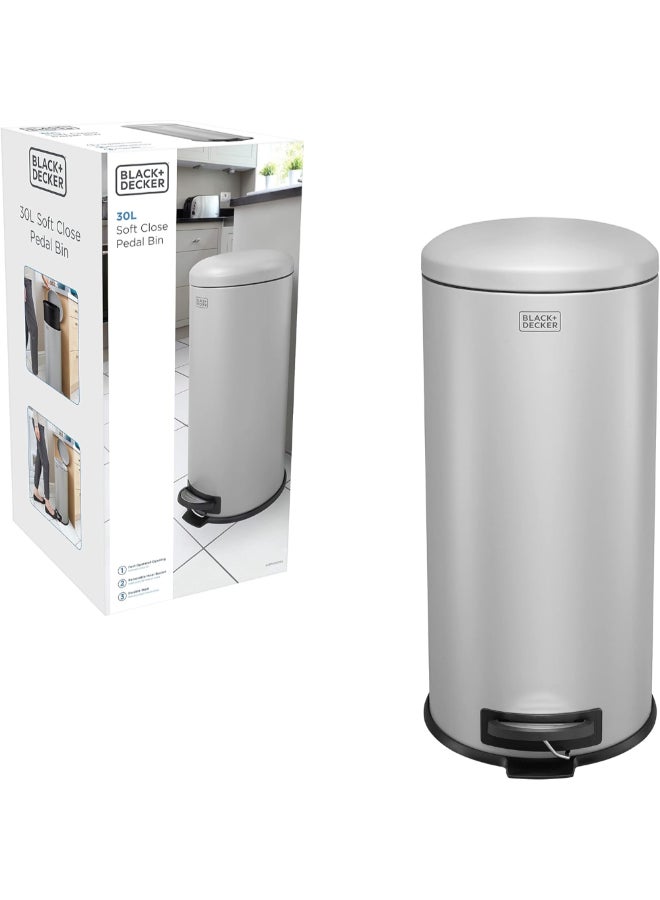 بلاك اند ديكر سلة نفايات وإعادة التدوير بدواسة وغطاء بشكل قبة وإغلاق ناعم رمادي وأسود 30 لتر 61125 - Image 1