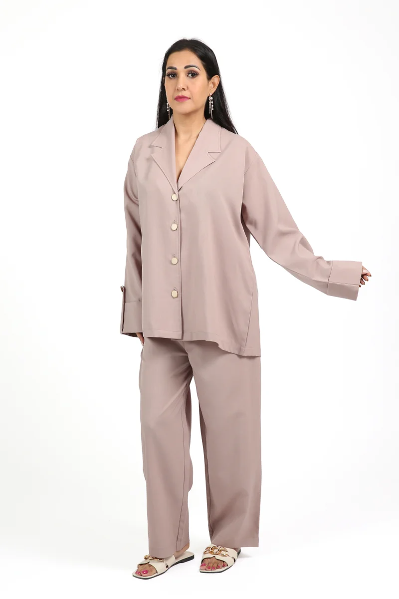 Beige Soft Fuhwa Fabric Co-ord Set with Coat Collar