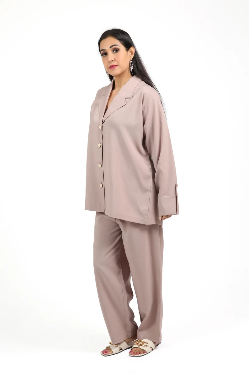 Nikias Beige Soft Fuhwa Fabric Co-ord Set with Coat Collar