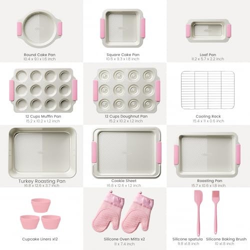 Kikcoin 25 PCS Stackable Baking Pans Set, Non-stick Bakeware Sets with Silicone Handles, 450°F Oven Safe Cookie Sheets for Baking, Easy Release Heavy-duty Baking Sheets Non Stick, Pink - Image 2