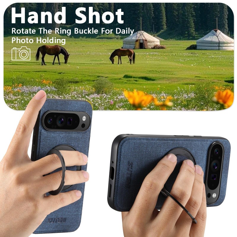 Suteni For Google Pixel 10 Pro Xl G3 360 Rotation Holder Magsafe Denim Leather Back Phone Case(Blue) - Image 4