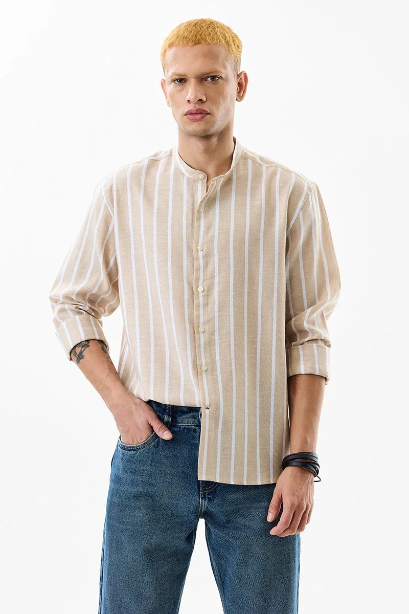 SNITCH Beige Striped Long Sleeve Regular Fit Shirt