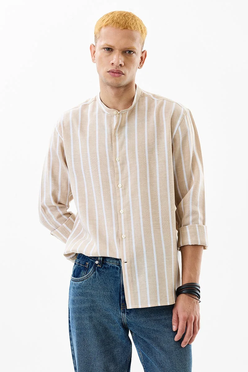 SNITCH Beige Striped Long Sleeve Regular Fit Shirt