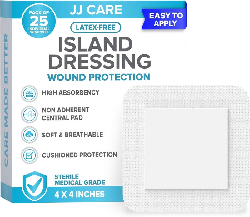 JJ CARE عبوة ضمادات جزيرة لاصقة من JJ CARE عدد 25 مقاس 4x4 ضمادات شاش معقمة محاطة قابلة للتنفس مغلفة بشكل فردي - Image 1