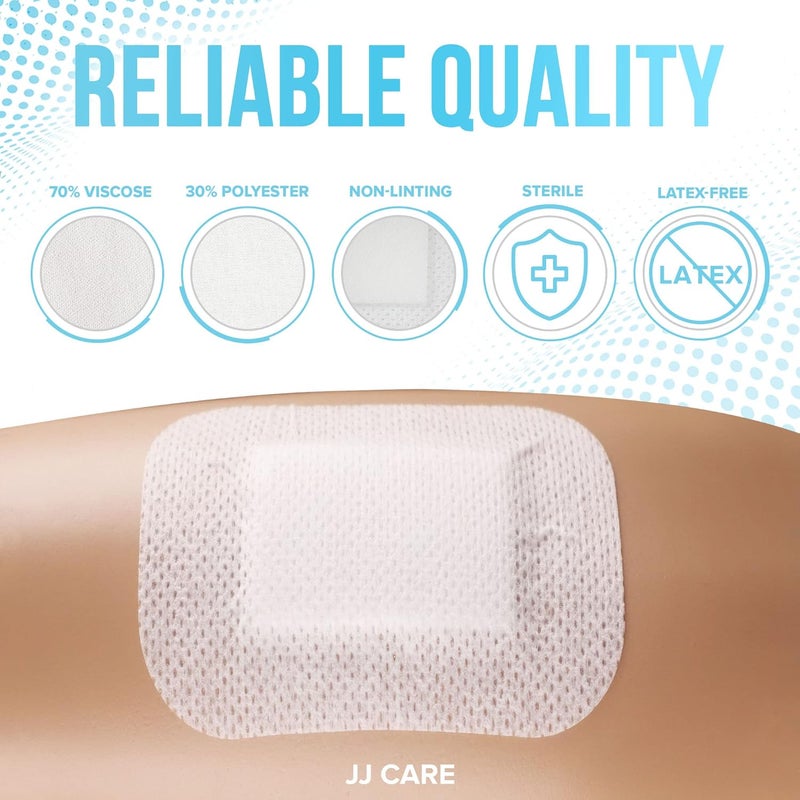 JJ CARE عبوة ضمادات جزيرة لاصقة من JJ CARE عدد 25 مقاس 4x4 ضمادات شاش معقمة محاطة قابلة للتنفس مغلفة بشكل فردي - Image 4