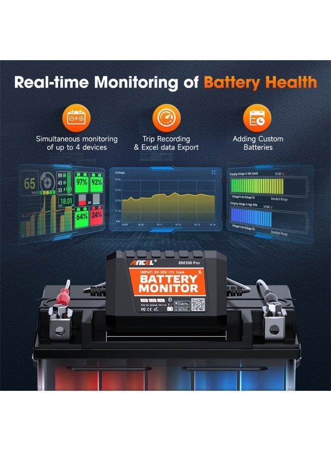 أنسيل جهاز مراقبة بطارية BM300Pro بجهد 6 فولت و12 فولت و24 فولت - جهاز مراقبة بطارية ببلوتوث 5.3 مع اختبار نظام الشحن والتشغيل وتنبيه - جهاز قياس فولتية مقاوم للماء بدرجة IP67 للشاحنات والسيارات والدراجات النارية والقوارب - Image 4
