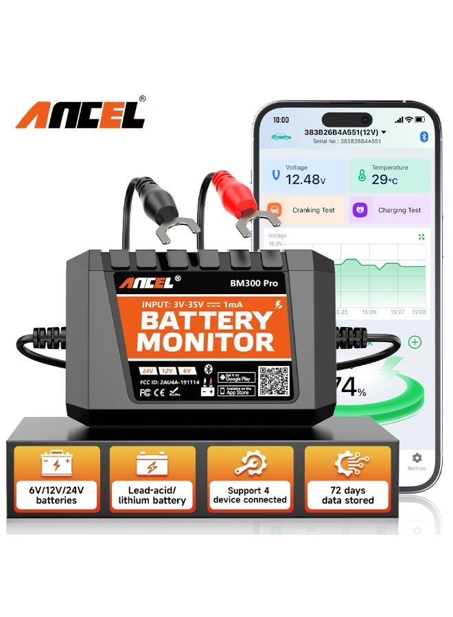 أنسيل جهاز مراقبة بطارية BM300Pro بجهد 6 فولت و12 فولت و24 فولت - جهاز مراقبة بطارية ببلوتوث 5.3 مع اختبار نظام الشحن والتشغيل وتنبيه - جهاز قياس فولتية مقاوم للماء بدرجة IP67 للشاحنات والسيارات والدراجات النارية والقوارب - Image 1