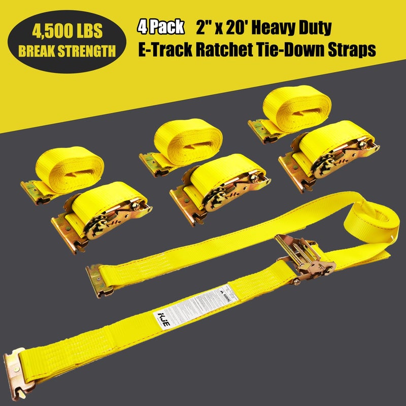 KJE E-Track Ratchet Straps, 4 Pack 2" x20' Heavy Duty Cargo Tie-Downs, 4500LBS Breaking Strength, Standard E Track Fitting Tie Down Ratcheting Strap for Cargo Vans, Trucks, Trailers - Image 2