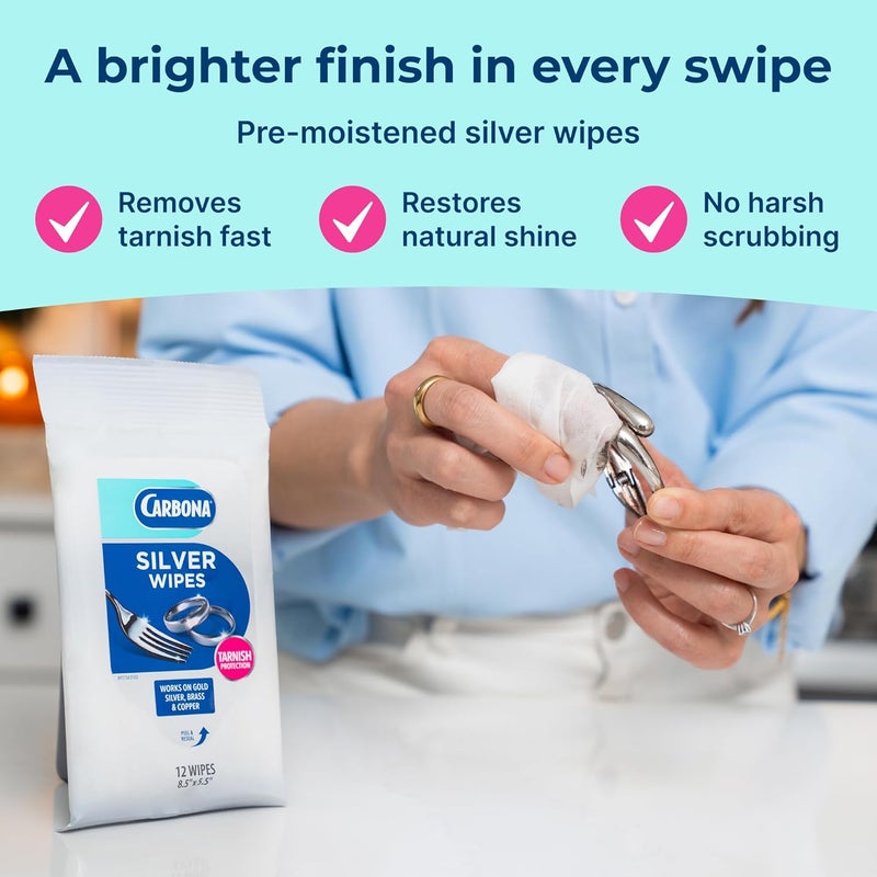Carbona Silver Wipes | Metal Cleaner & Polish | 12 Wipes, 1 Pack - Image 2