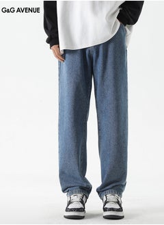 Straight leg jeans, spring and autumn Men's high waisted hip-hop jeans, loose spring and autumn long jeans, dark blue straight leg loose jeans