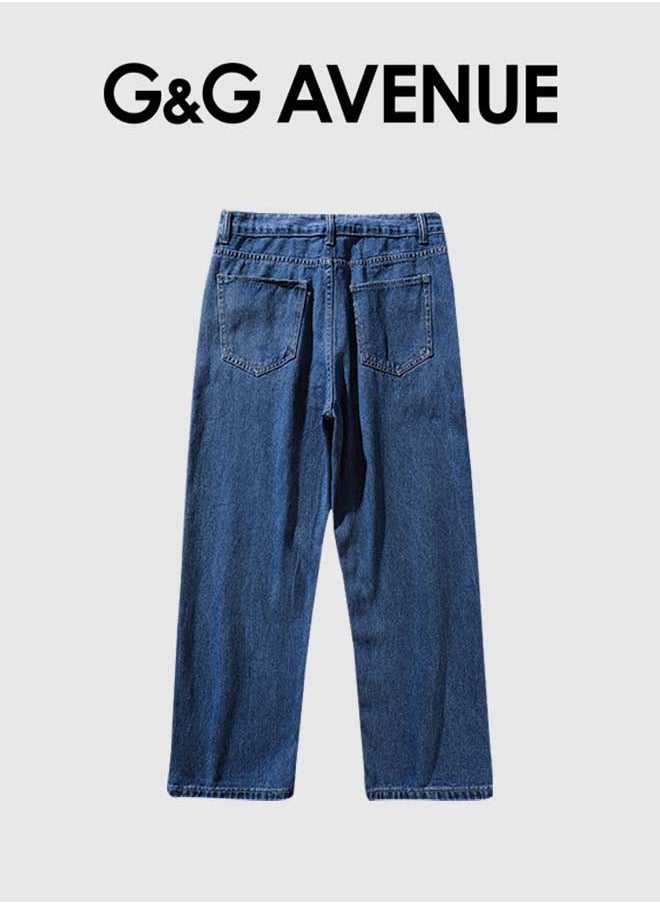 G&G AVENUE - Straight leg jeans, spring and autumn Men's high waisted hip-hop jeans, loose spring and autumn long jeans, dark blue straight leg loose jeans - Image 1