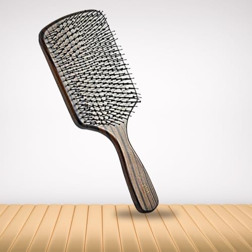 Scarlet Line Professional Maple Wood Anti Static Large Wooden Handle Paddle Hair Brush with Back Side Mirror for Men and Women, Brown Colour - Image 1