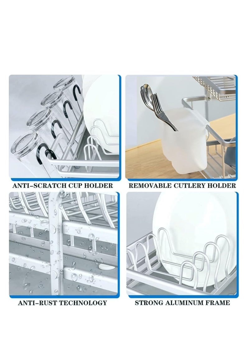 2-Tier Dish Drying Rack – Modern Design Practical Aluminum Dish Drying Rack with Draining Tray and Side Accessories - Silver  - Image 2