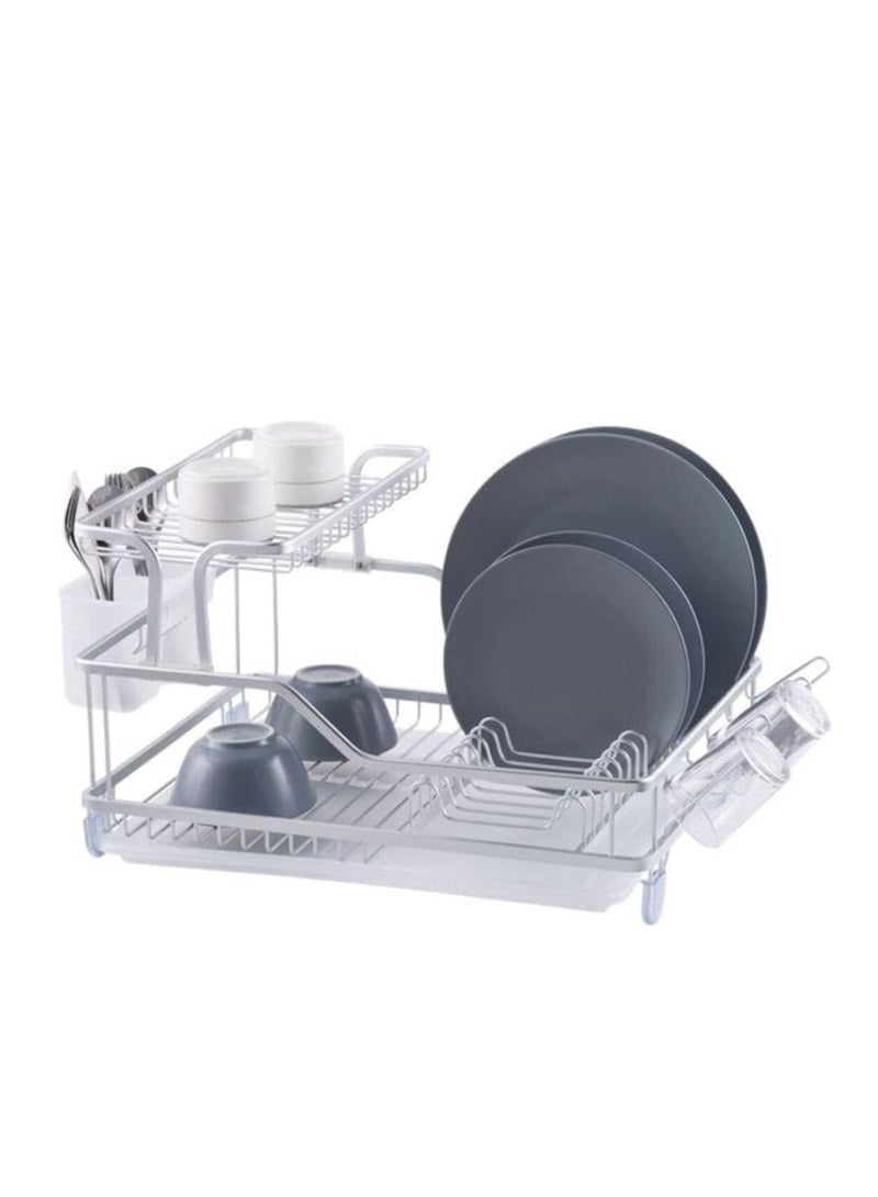 2-Tier Dish Drying Rack – Modern Design Practical Aluminum Dish Drying Rack with Draining Tray and Side Accessories - Silver  - Image 1