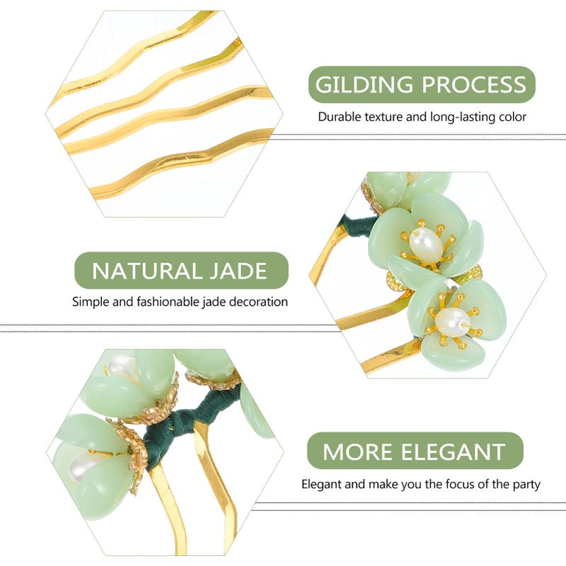 Beaupretty Jade Flower Hair Pin Chinese Hair Stick Jade Hairpin Retro Chignon Pin Traditional Classical Flower Hair Chopstick Hair Styling Accessories for Women Girls (Green) - Image 2