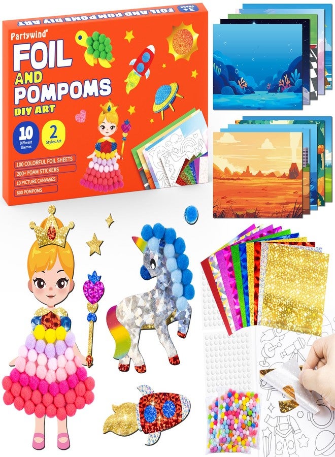 PARTYWIND Foil Pom Poms Art for Kids - Unicorns Princesses Ocean DIY Creative Craft Kits, Travel Toys, Party Favors, School Supplies, Birthday Gifts for Girls Boys Ages 4, 5, 6, 7, 8, 9, 10, 11, 12 - Image 1
