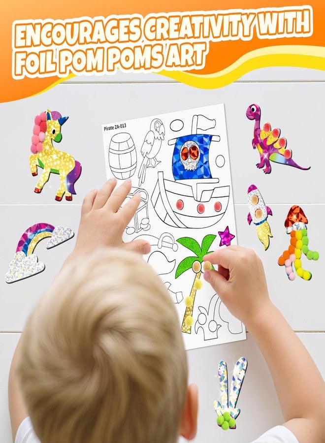 PARTYWIND Foil Pom Poms Art for Kids - Unicorns Princesses Ocean DIY Creative Craft Kits, Travel Toys, Party Favors, School Supplies, Birthday Gifts for Girls Boys Ages 4, 5, 6, 7, 8, 9, 10, 11, 12 - Image 2