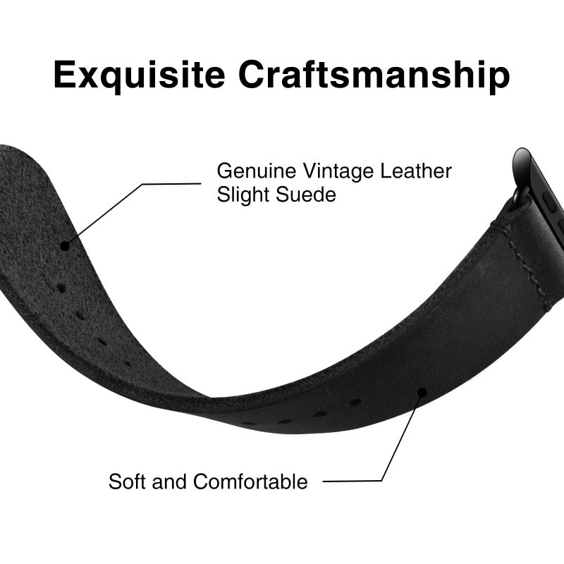 SUNFWR Vintage Leather Bands Compatible with Apple Watch Band 38mm 40mm 41mm 42mm-Series 10,Genuine Leather Retro Strap for Men Women iWatch SE Series 9/8/7/6/5/4/3/2/1,Black/Black - Image 3