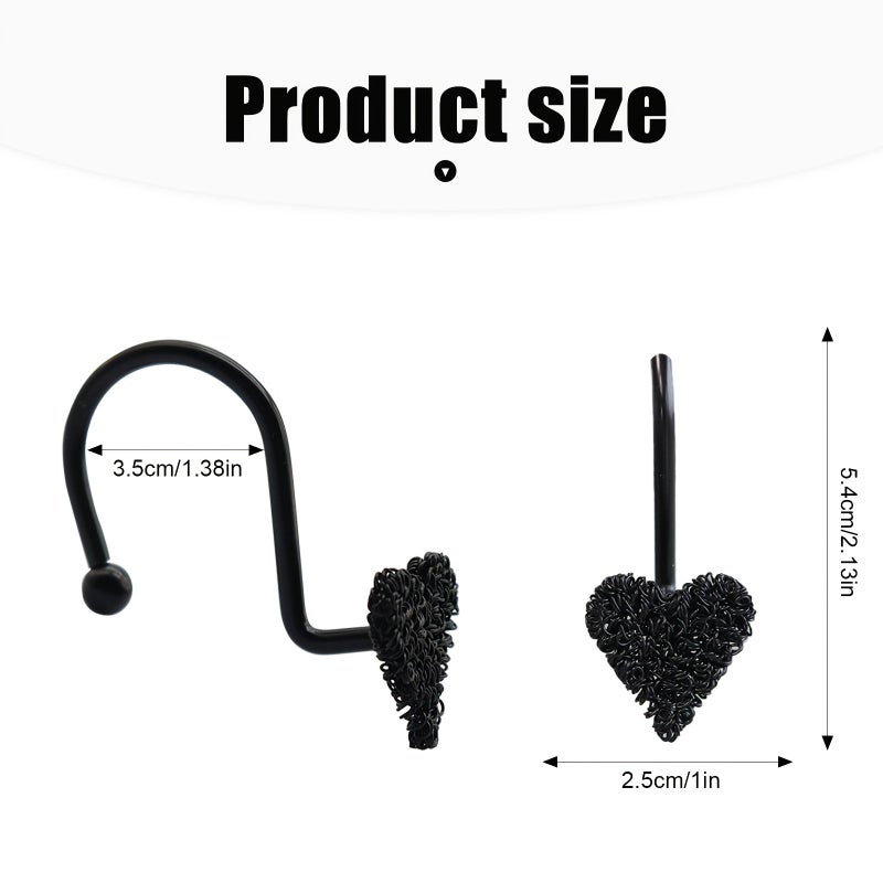 Black Stainless Steel Heart Shaped Shower Curtain Hooks 12 Pack Decorative Rings - Image 3