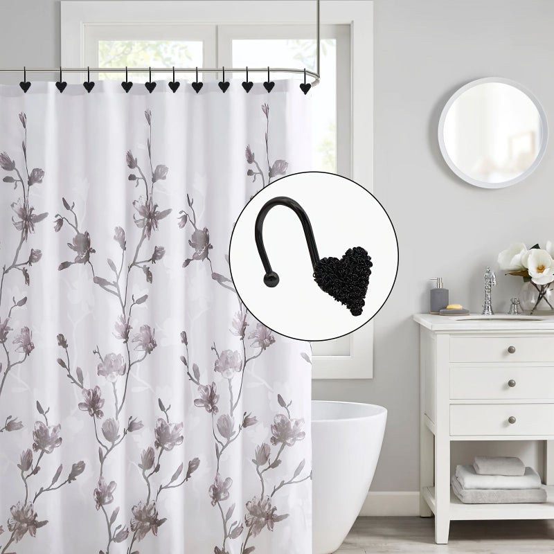 Black Stainless Steel Heart Shaped Shower Curtain Hooks 12 Pack Decorative Rings - Image 2