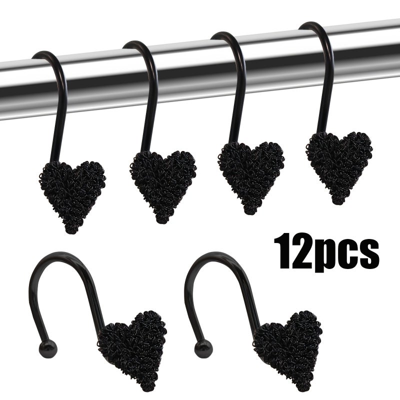 Black Stainless Steel Heart Shaped Shower Curtain Hooks 12 Pack Decorative Rings - Image 1