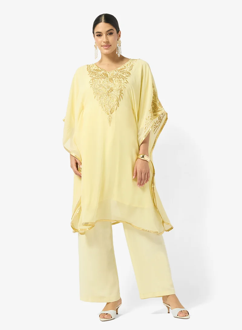 Gold Embroidered Round Neck Kaftan