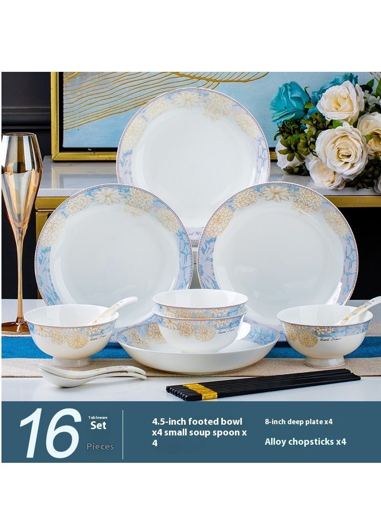 AiQi Blue & Gold Rose 16-Piece New Bone China Tableware Set – Microwave & Dishwasher Safe - Image 2