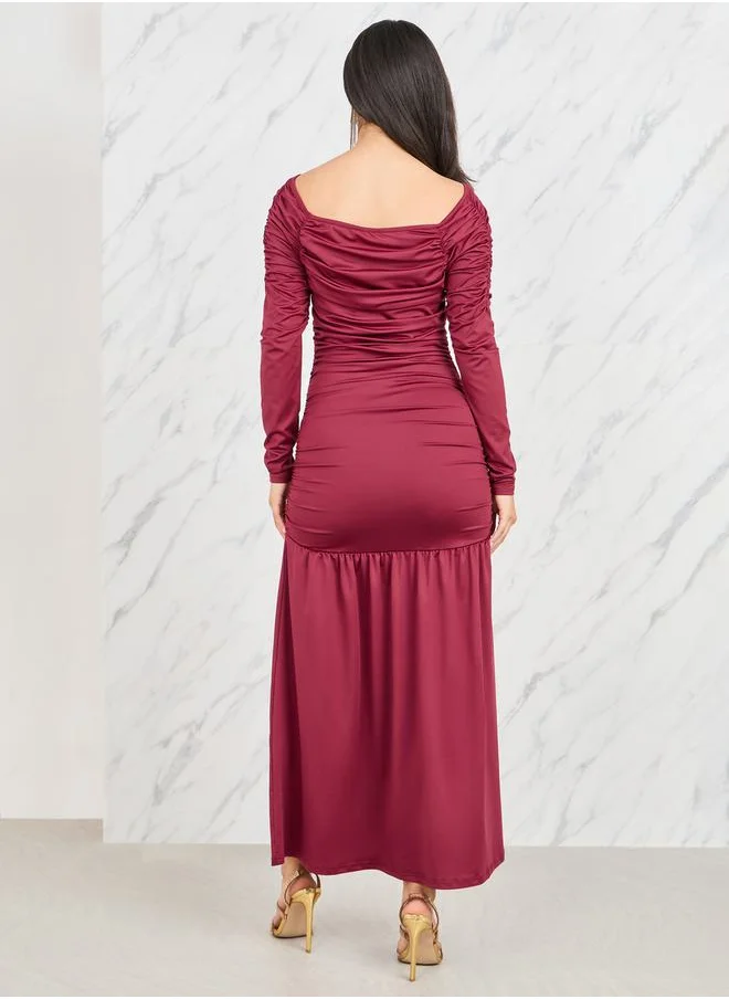 Styli Ruched Wide Square Neck A-Line Maxi Dress