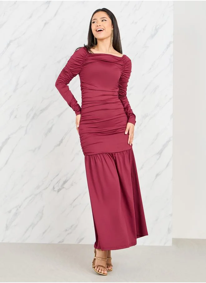 ستايلي Ruched Wide Square Neck A-Line Maxi Dress