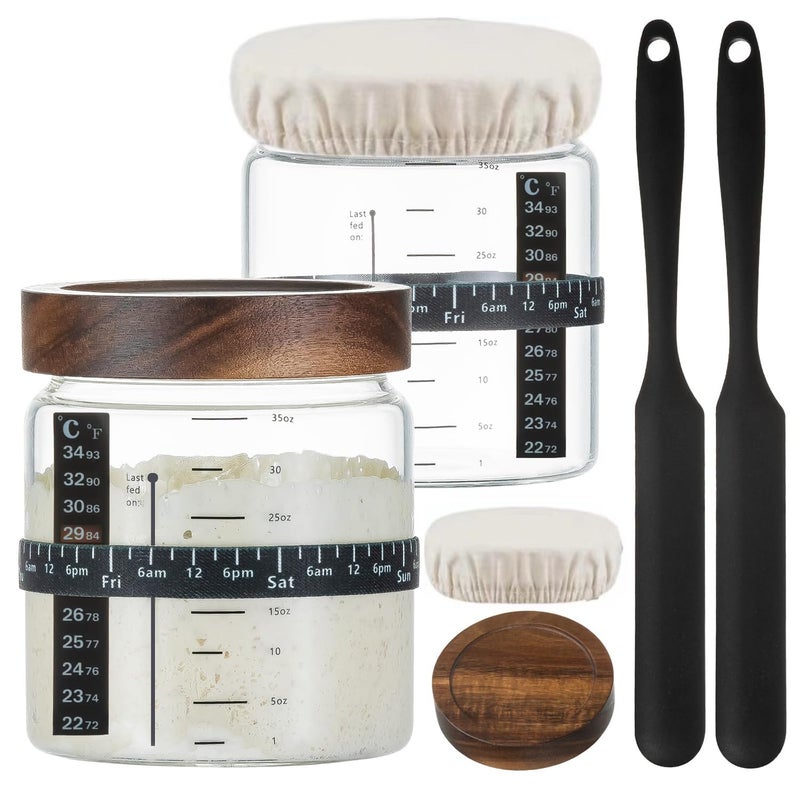 Masroo Sourdough Starter Jar 2 Pack 35 OZ with Scale Line Thermometer Cloth Cover  Wood Lid for Bread Baking