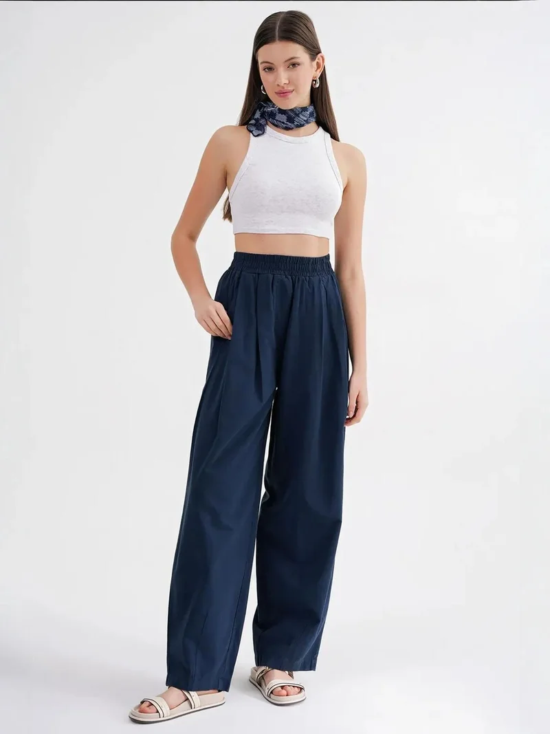 MixRay Navy Blue Mixray Straight Fit Linen Pants for Women | Best Price UAE