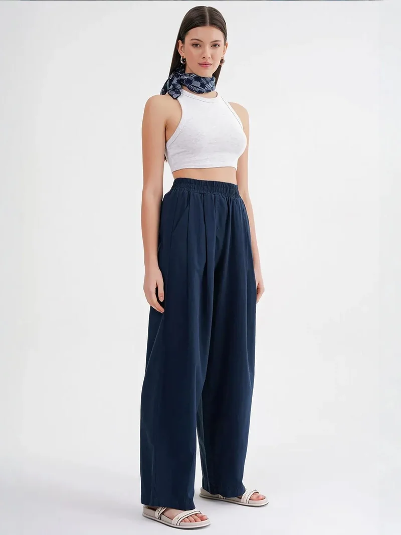 MixRay Navy Blue Mixray Straight Fit Linen Pants for Women | Best Price UAE
