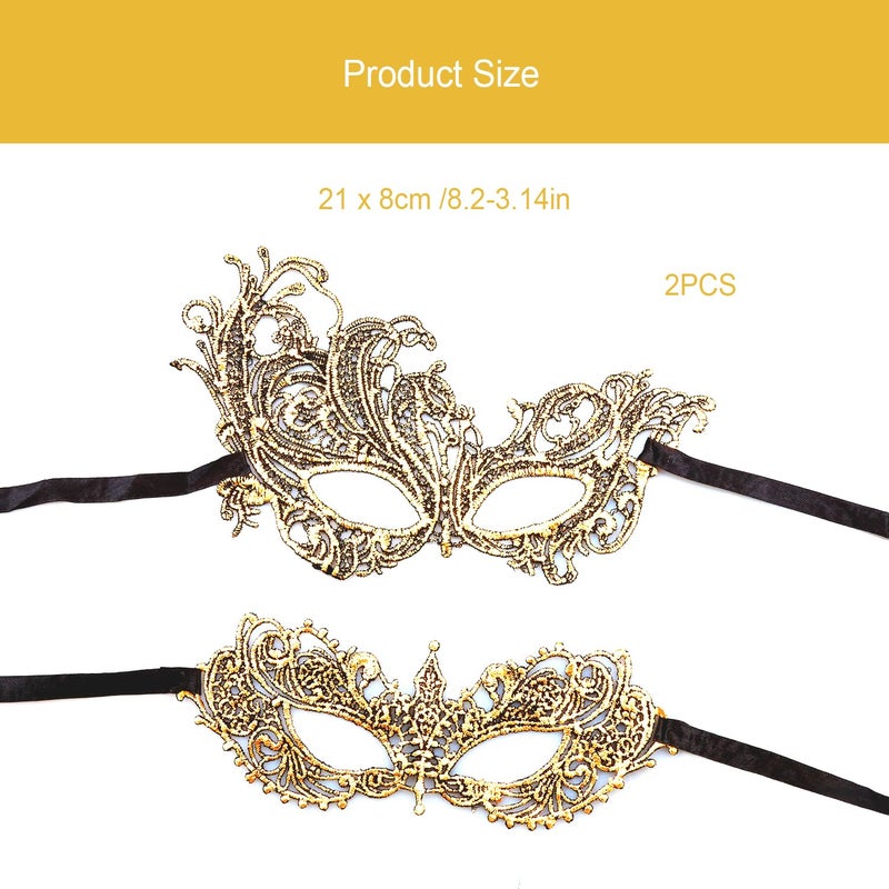 Rumyve 2pcs Gold Lace Masquerade Mask,Female Masquerade Mask,Venetian Carnival Mask Half Lace Mask for Women Fancy Dress - Image 2