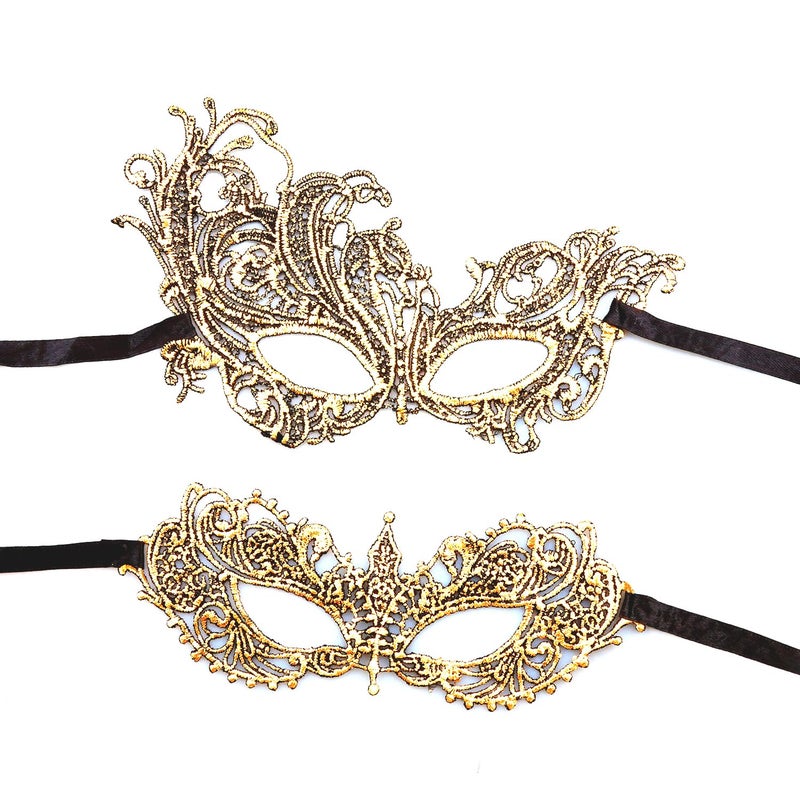 Rumyve 2pcs Gold Lace Masquerade Mask,Female Masquerade Mask,Venetian Carnival Mask Half Lace Mask for Women Fancy Dress - Image 1