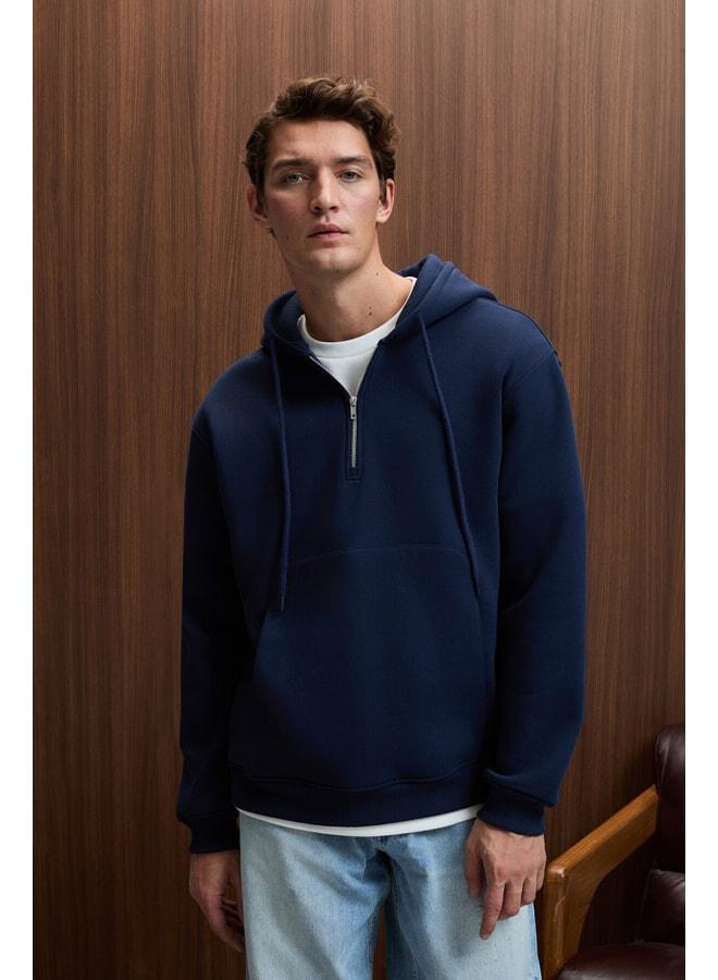 GRIMELANGE JUSTUS Men's Hooded Kangaroo Pocket Zipper Collar Navy Sweatshirt. - Image 1