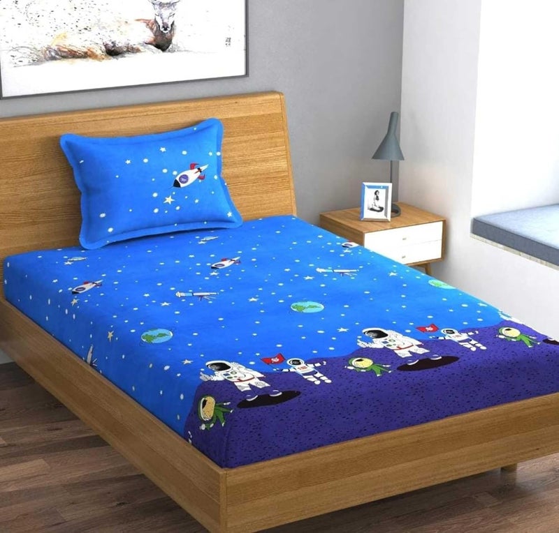 JUPON Bedding Kids Fitted Bedsheet 190TC Cotton, 1 Single Bed Sheet with 1 Pillow Cover, 36 x 78 inch, Sky Blue Planet - Image 1