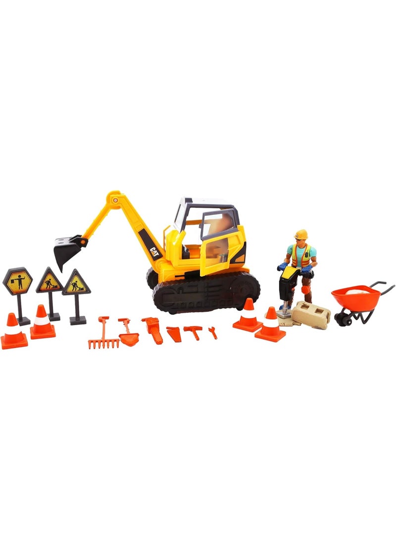 CATERPILLAR CAT WorkForce Excavator Construction Vehicle Action Playset with Action Figure and Accessories | 22 Pieces Playset | Toy Vehicle | Construction Playset | Caterpillar Vehicle | Pretend Play for Kids - Image 1